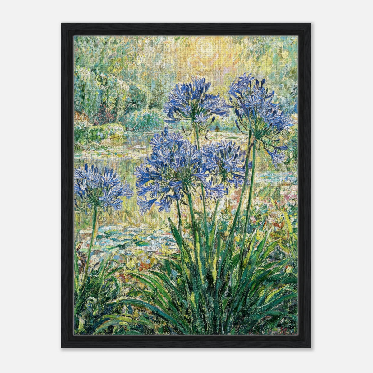 Blue Agapanthus & Sunlit Garden Impressionist Art Print