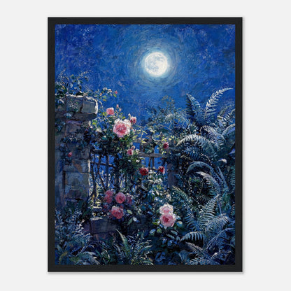 Moonlit Rose Garden and Stone Wall Impressionist Art Print