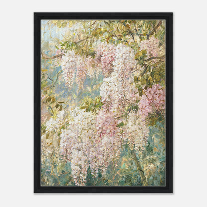 Impressionist art print from Vintstep depicting cascading pink and white wisteria blossoms hanging from branches with textured brushstrokes and soft natural light.