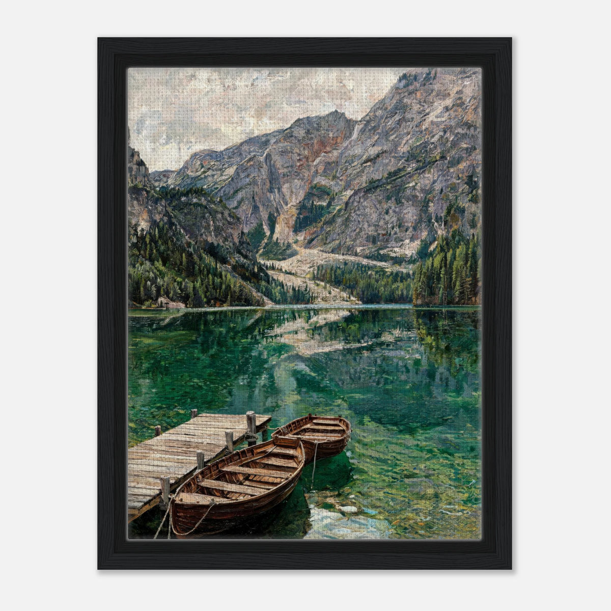 Wooden Boats on Alpine Lake Impressionist Art Print