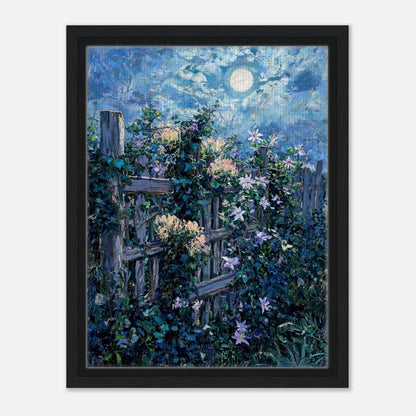 Moonlit Garden Fence Flowers Impressionist Art Print