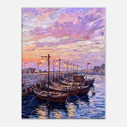 Coastal Harbor Twilight Wooden Boats Impressionist Art Print