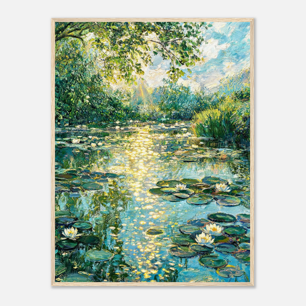 Sunlit Water Lilies & Shimmering Pond Impressionist Art Print