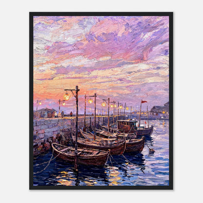 Framed Mediterranean Harbor at Twilight Art Print