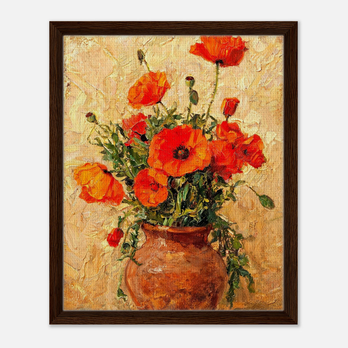 Vibrant Red Poppies in Terracotta Vase Impressionist Art Print