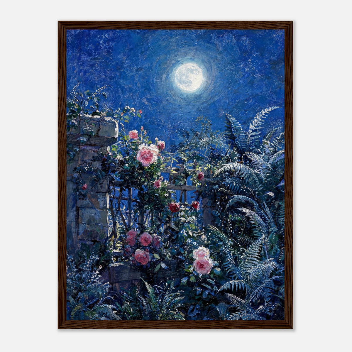 Moonlit Rose Garden and Stone Wall Impressionist Art Print
