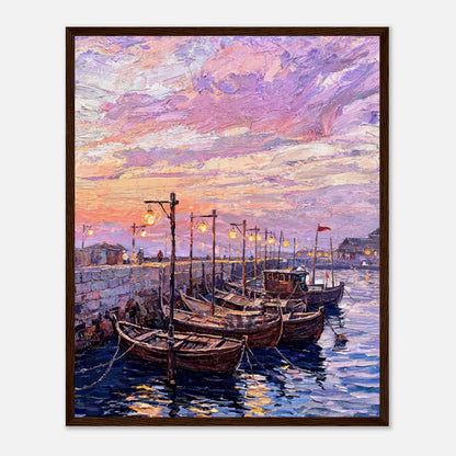 Coastal Harbor Twilight Wooden Boats Impressionist Art Print