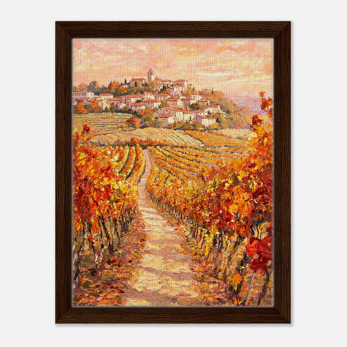 Autumn Vineyard Path Hilltop Village Impressionist Art Print