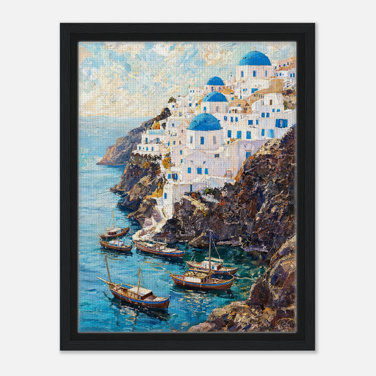 Santorini Cliffside Village & Boats Impressionist Art Print