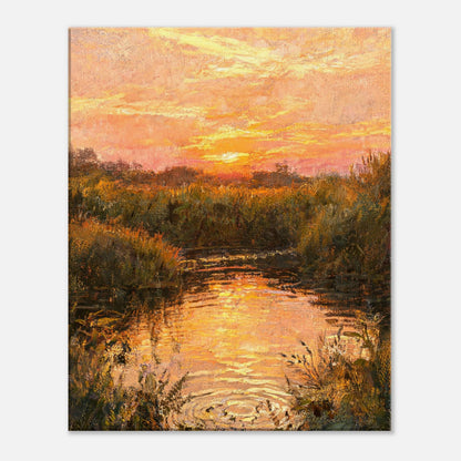 Golden Sunset over River Reflection Impressionist Art Print