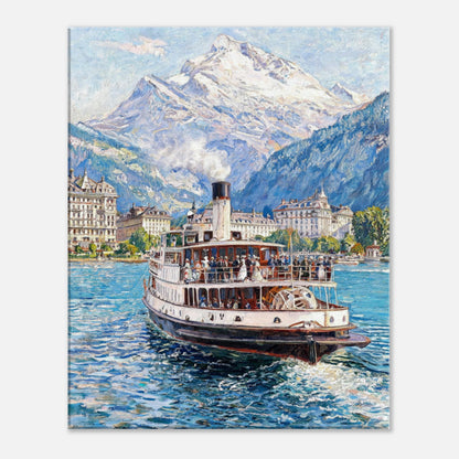 Vintage Steamboat on Alpine Lake Impressionist Art Print