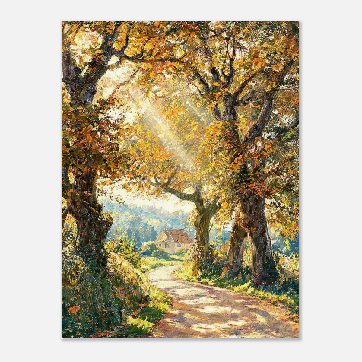 Sunlit Autumn Forest Path Impressionist Art Print