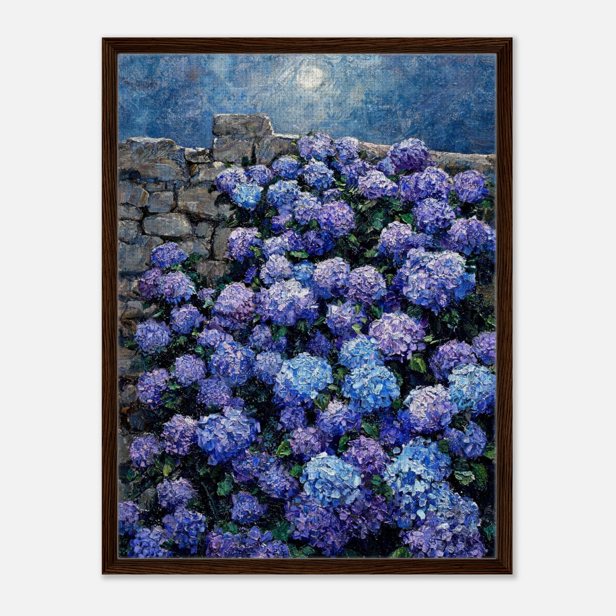 Moonlit Blue Hydrangeas by Stone Wall Impressionist Art Print