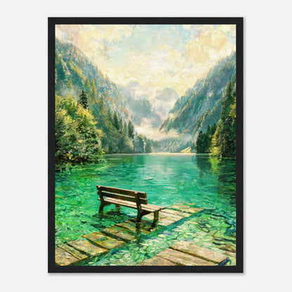 Mountain Lake Pier and Wooden Bench Impressionist Art Print
