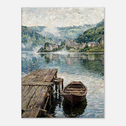 Misty Mountain Lake Wooden Boat Impressionist Art Print