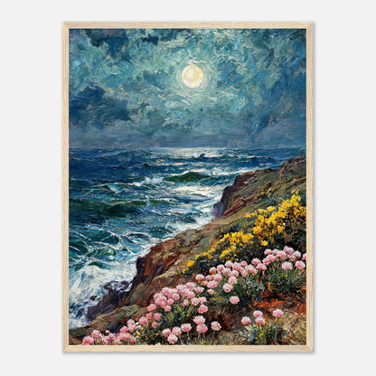Moonlit Coastal Cliff Flowers Impressionist Art Print