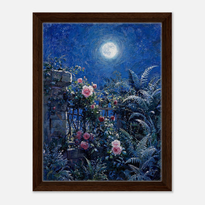 Moonlit Rose Garden and Stone Wall Impressionist Art Print