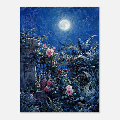 Moonlit Rose Garden and Stone Wall Impressionist Art Print