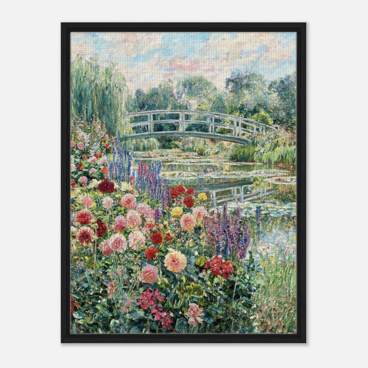 Blooming Summer Garden & Japanese Bridge Impressionist Art Print