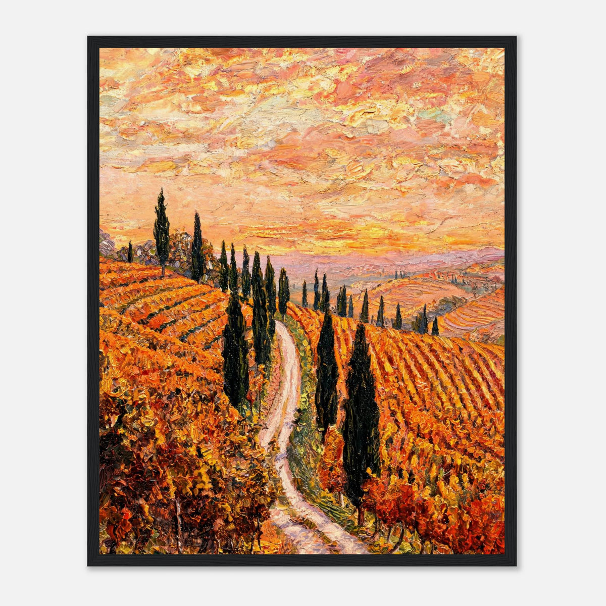 Tuscan Cypress Road Autumn Vineyard Impressionist Art Print