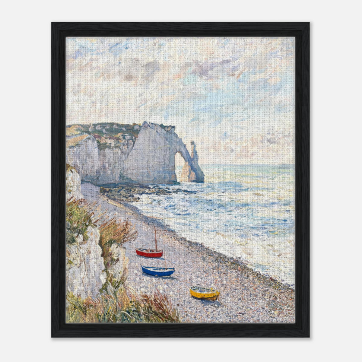 Coastal Cliff & Colorful Boats Impressionist Art Print