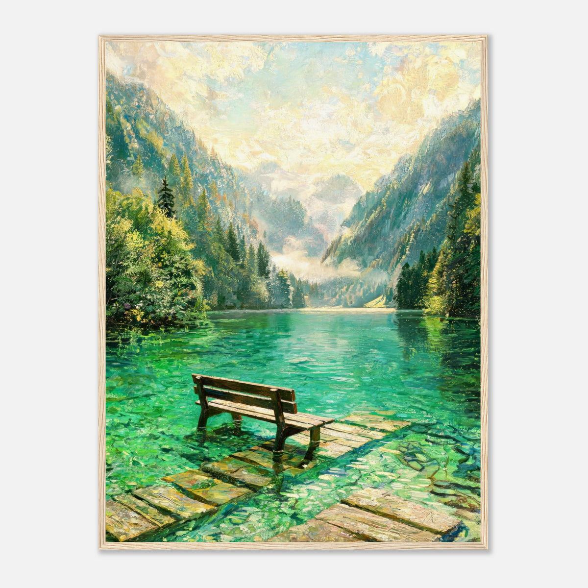 Mountain Lake Pier and Wooden Bench Impressionist Art Print