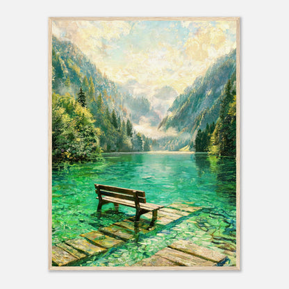 Mountain Lake Pier and Wooden Bench Impressionist Art Print