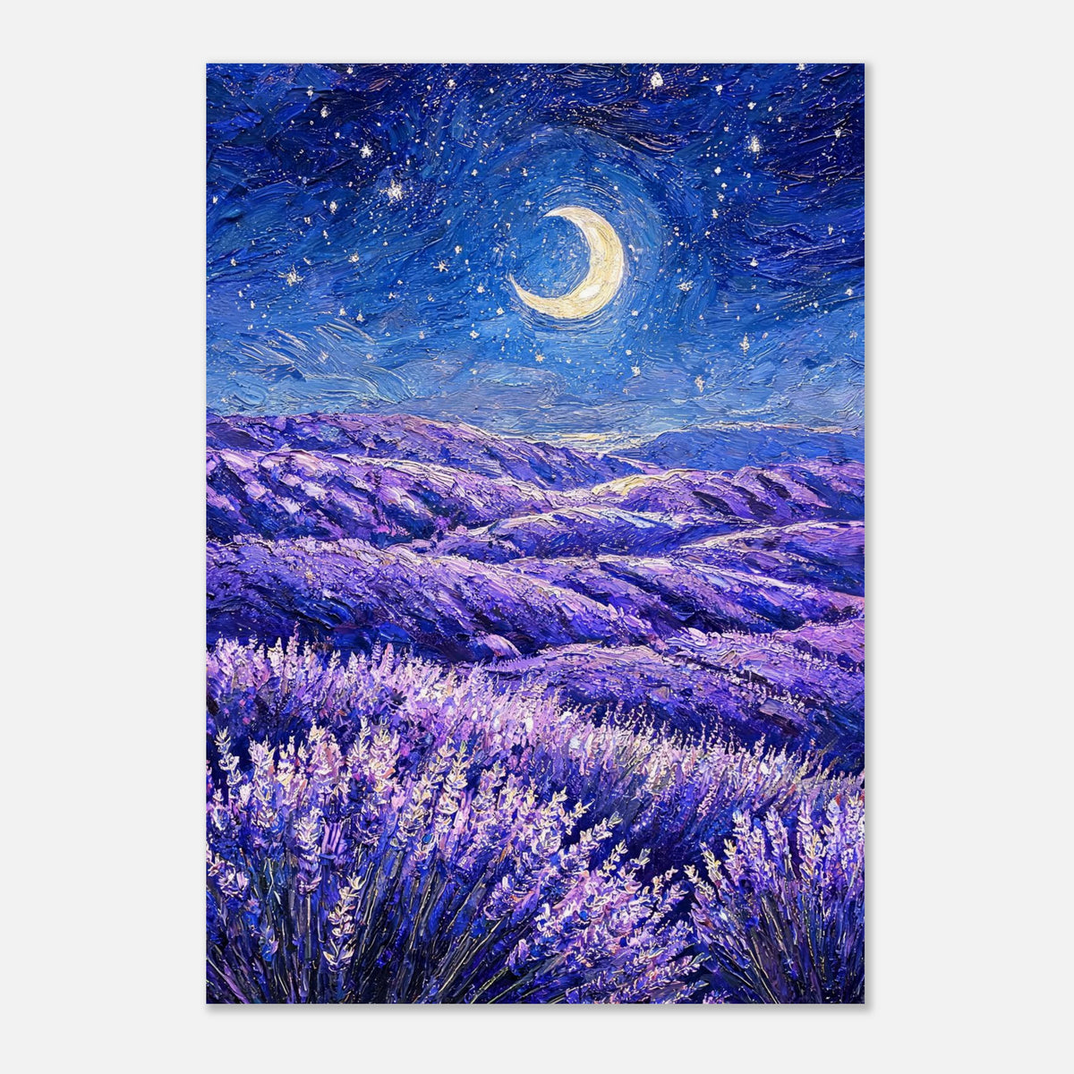 Moonlit Lavender Field at Night Impressionist Art Print