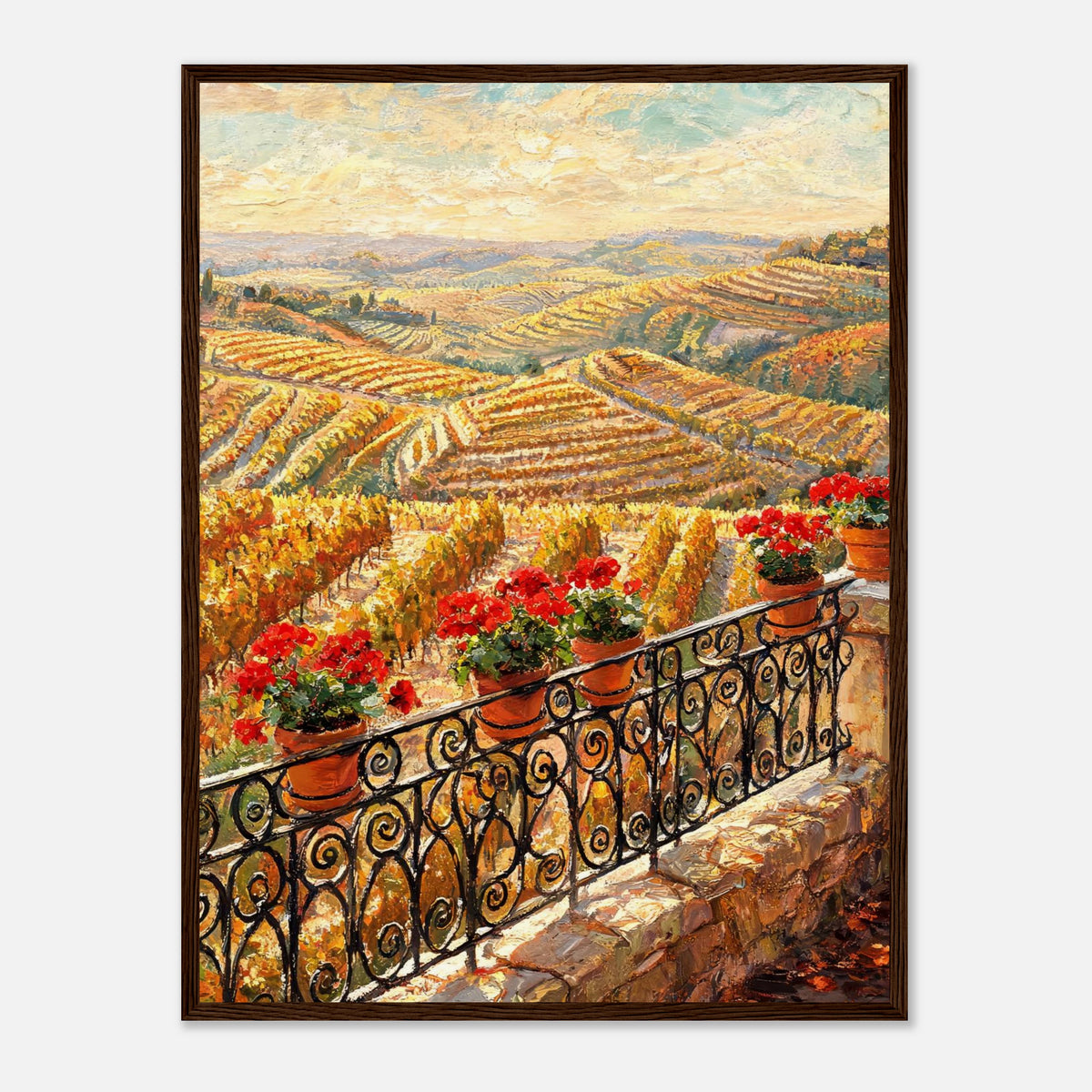 Impressionist oil painting print from Vintstep depicting potted red flowers on a stone balcony looking over golden autumn vineyard hills under warm sunlight.