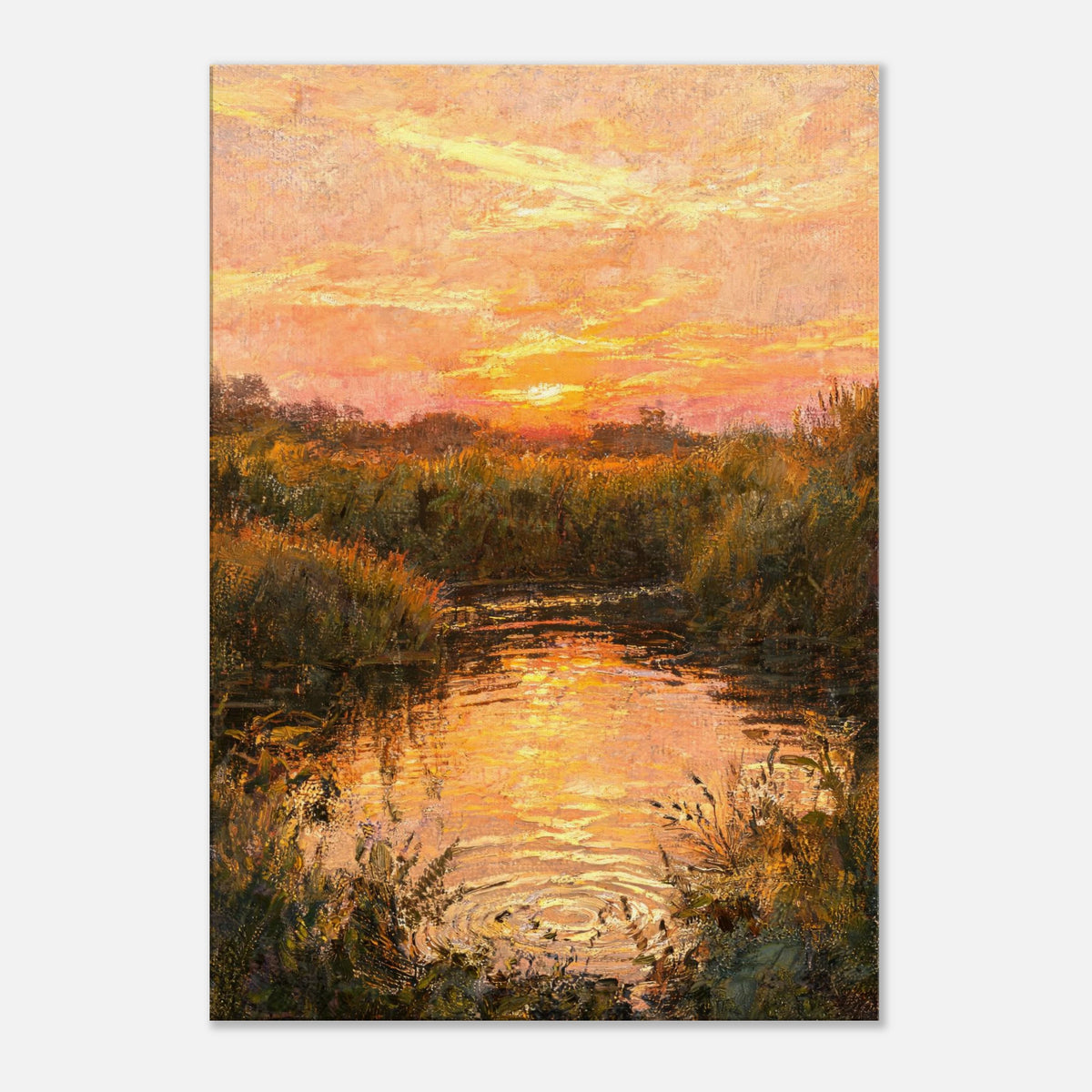 Golden Sunset over River Reflection Impressionist Art Print
