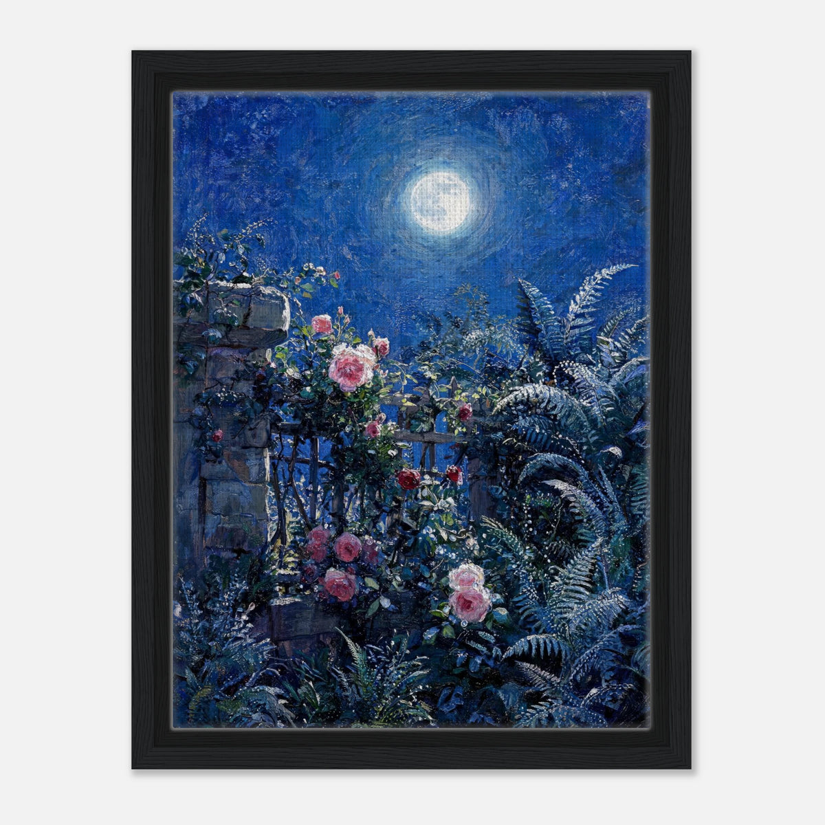Moonlit Rose Garden and Stone Wall Impressionist Art Print