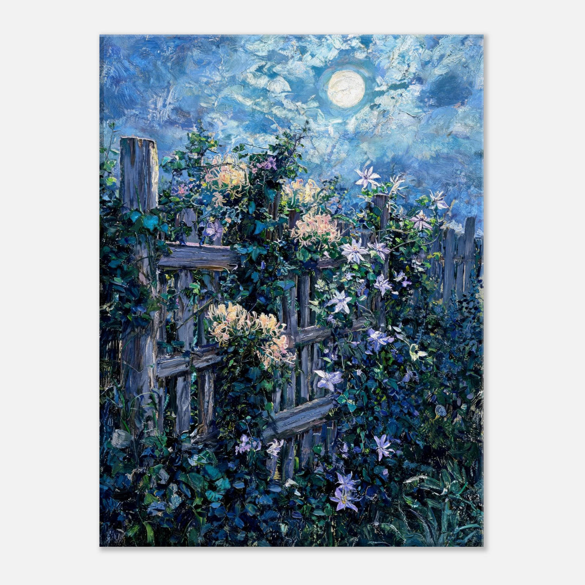 Moonlit Garden Fence Flowers Impressionist Art Print