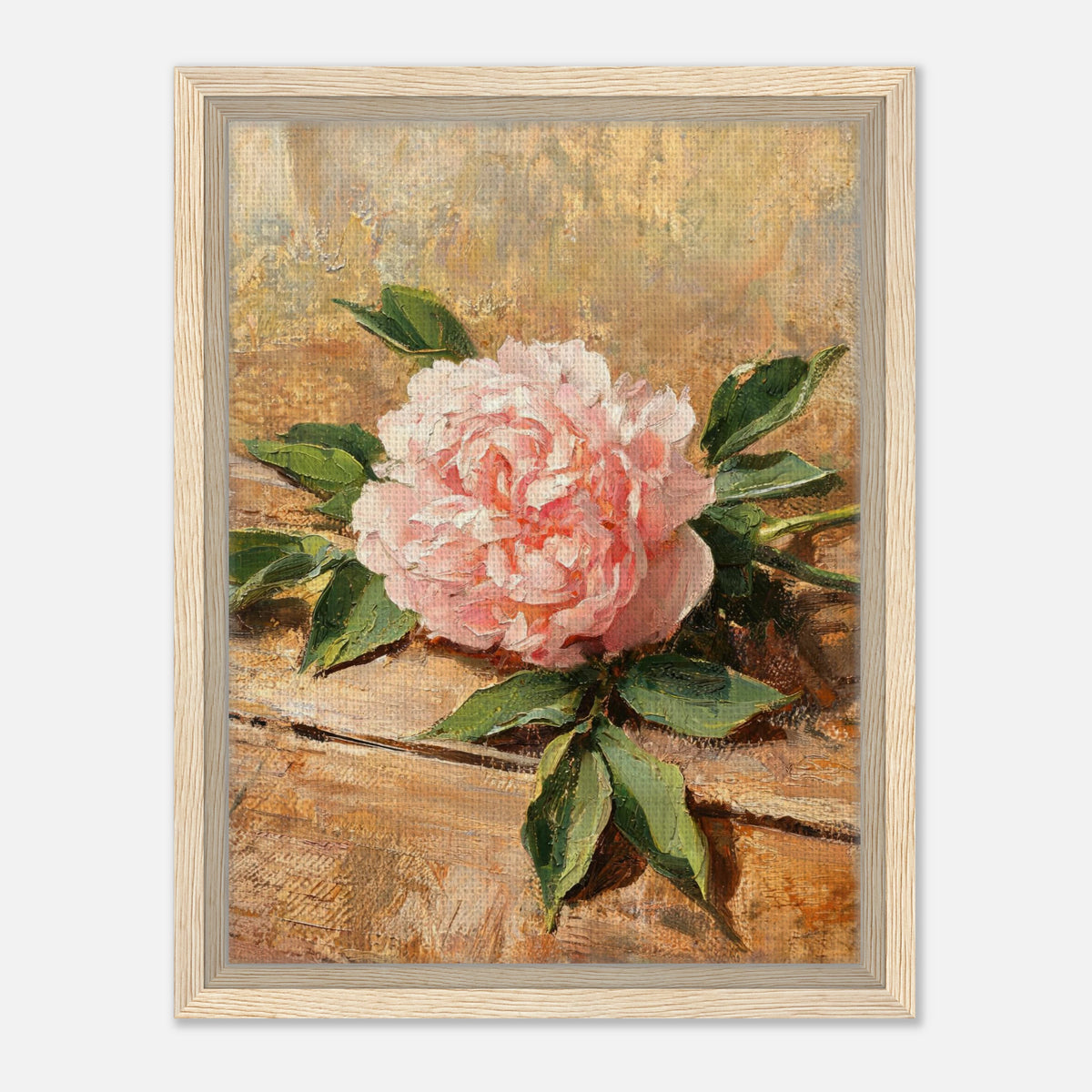 Single Pink Peony on Rustic Wood Impressionist Art Print