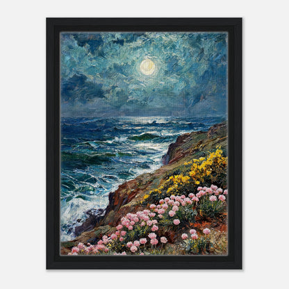 Moonlit Coastal Cliff Flowers Impressionist Art Print