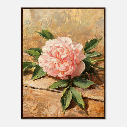 Single Pink Peony on Rustic Wood Impressionist Art Print