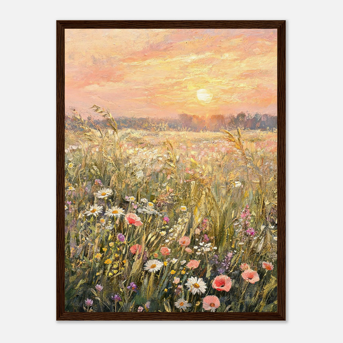Golden Sunset Meadow & Wildflowers Impressionist Art Print