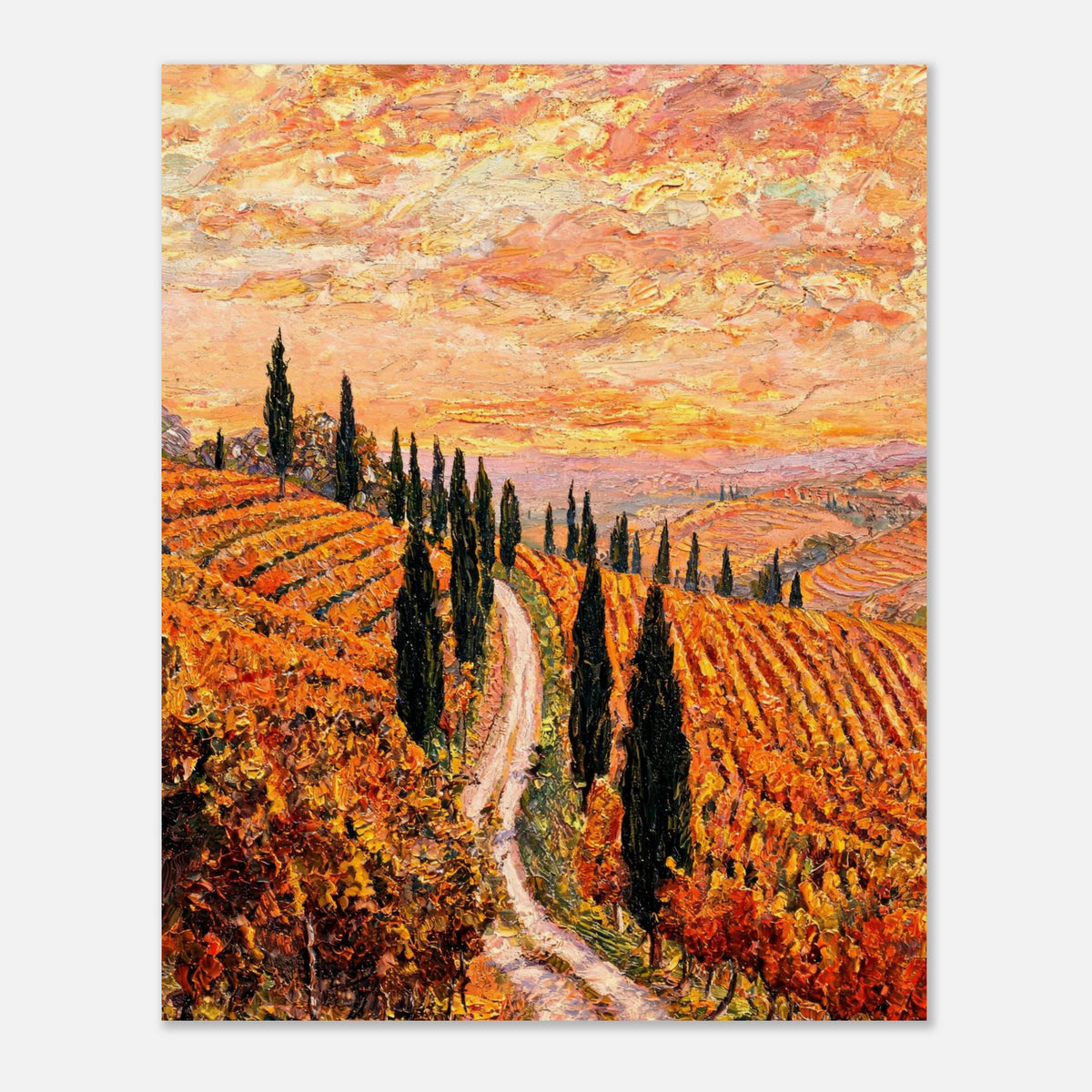 Tuscan Cypress Road Autumn Vineyard Impressionist Art Print