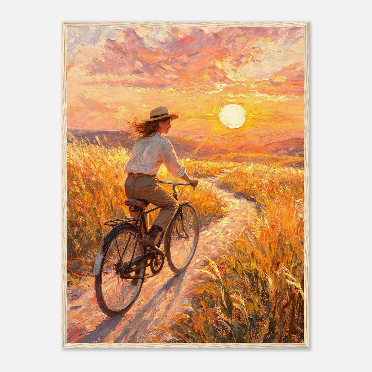 Cycling Through Golden Fields at Sunset Impressionist Art Print