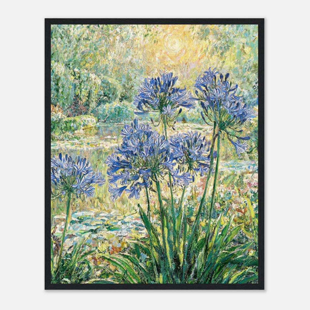 Blue Agapanthus & Sunlit Garden Impressionist Art Print