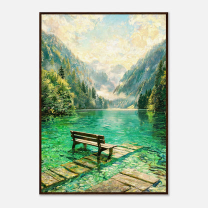 Mountain Lake Pier and Wooden Bench Impressionist Art Print