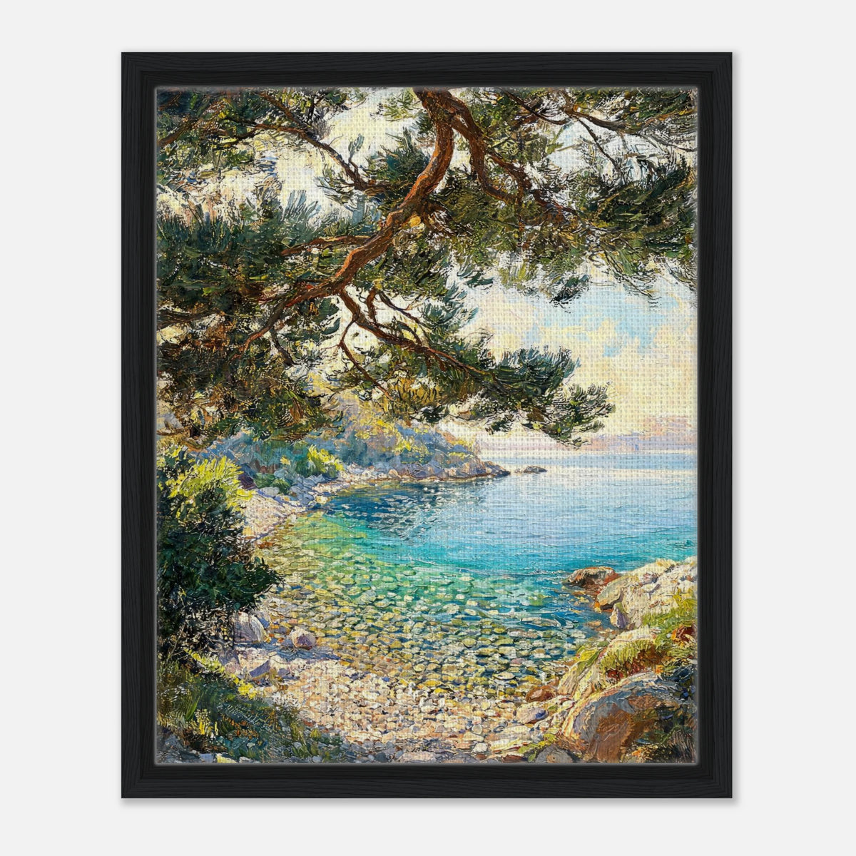 Framed Mediterranean Pine & Coastline Canvas Wall Art | Seascape Decor