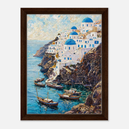 Santorini Cliffside Village & Boats Impressionist Art Print