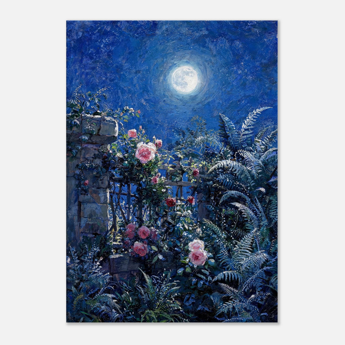 Moonlit Rose Garden and Stone Wall Impressionist Art Print