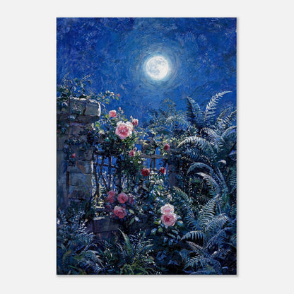 Moonlit Rose Garden and Stone Wall Impressionist Art Print
