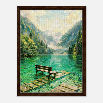 Mountain Lake Pier and Wooden Bench Impressionist Art Print
