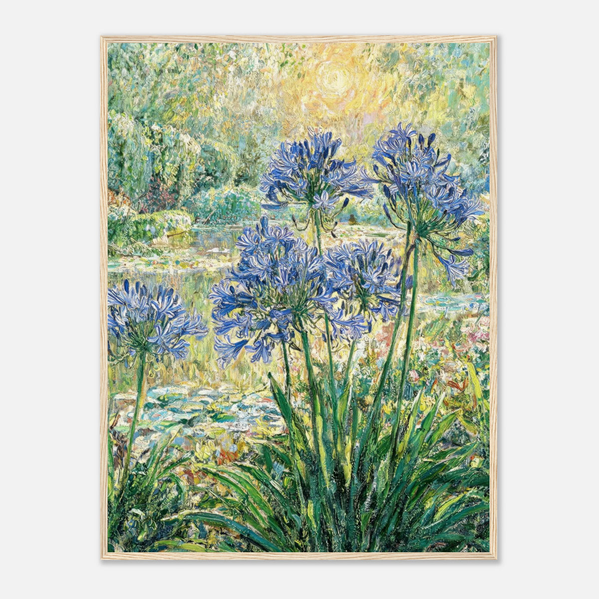 Blue Agapanthus & Sunlit Garden Impressionist Art Print