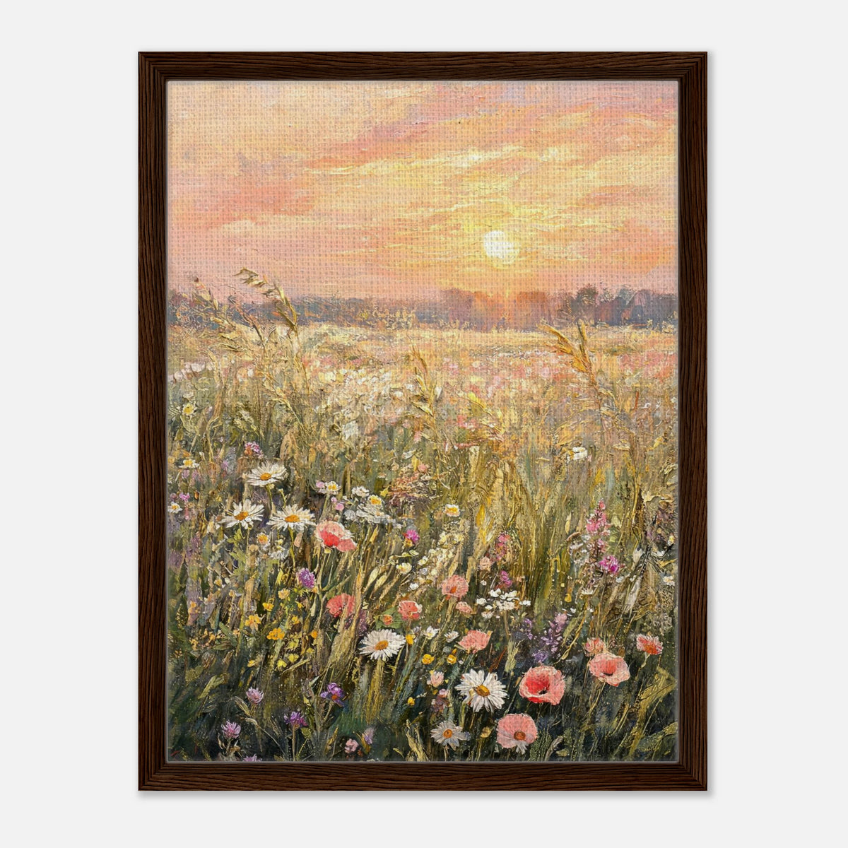 Golden Sunset Meadow & Wildflowers Impressionist Art Print