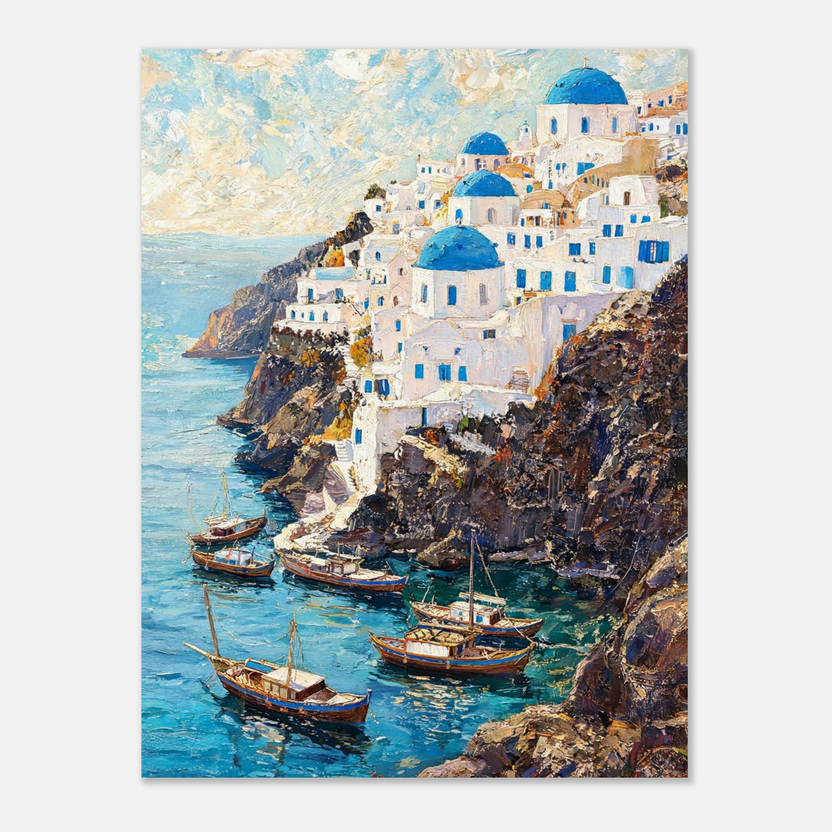 Santorini Cliffside Village & Boats Impressionist Art Print