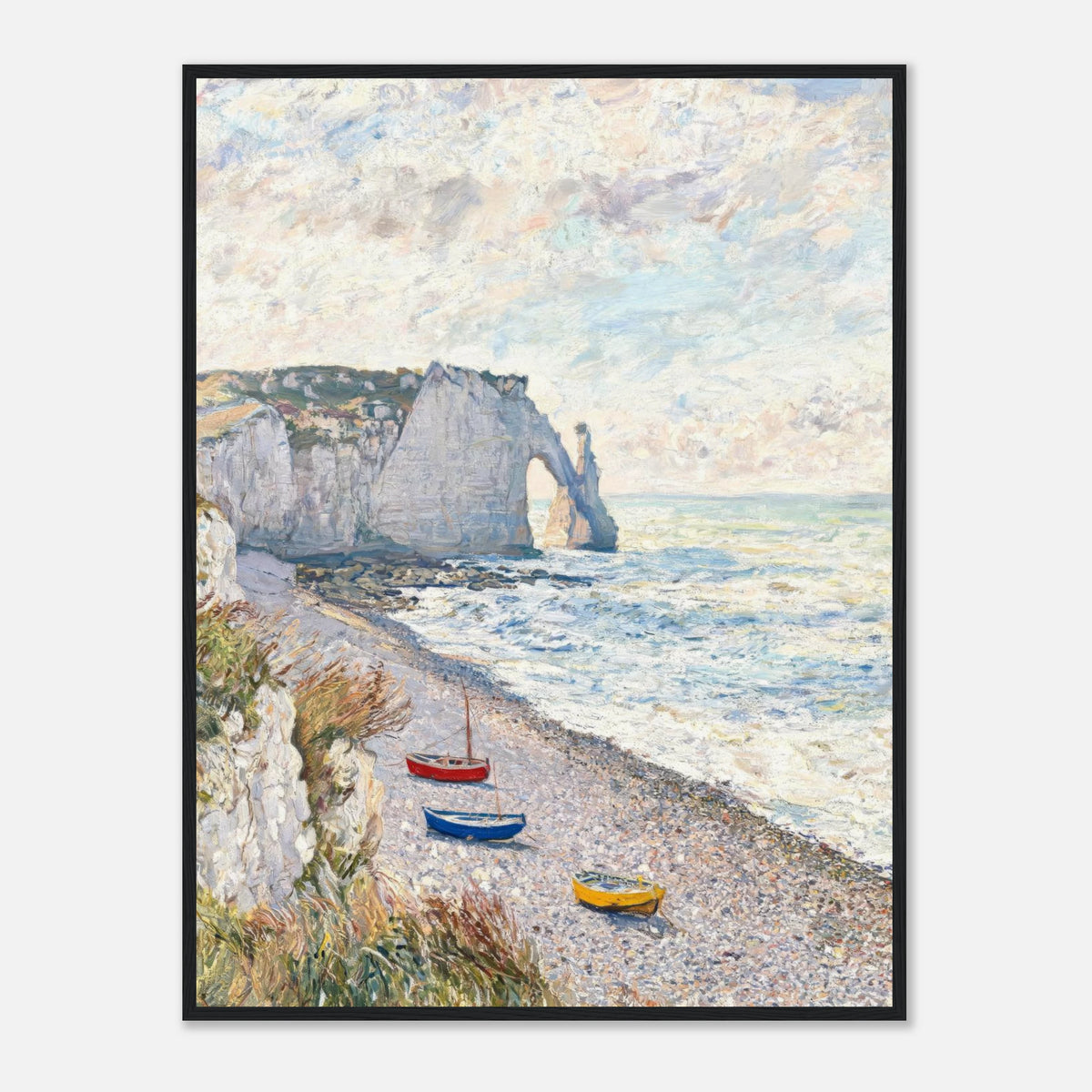 Coastal Cliff & Colorful Boats Impressionist Art Print