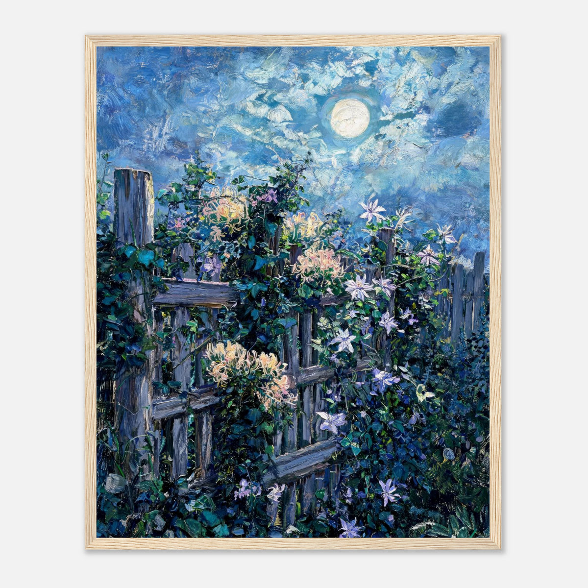 Moonlit Garden Fence Flowers Impressionist Art Print